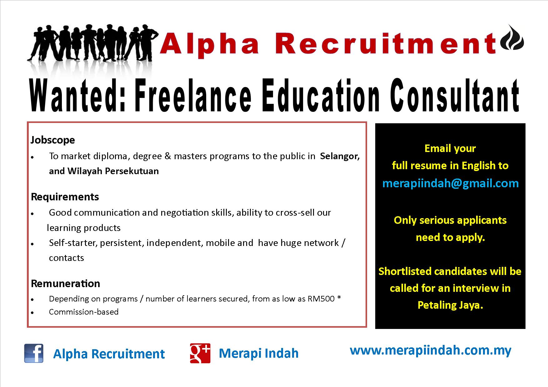 Wanted: Freelance Education Consultant in Klang Valley   Merapi Indah  freelance it consultant